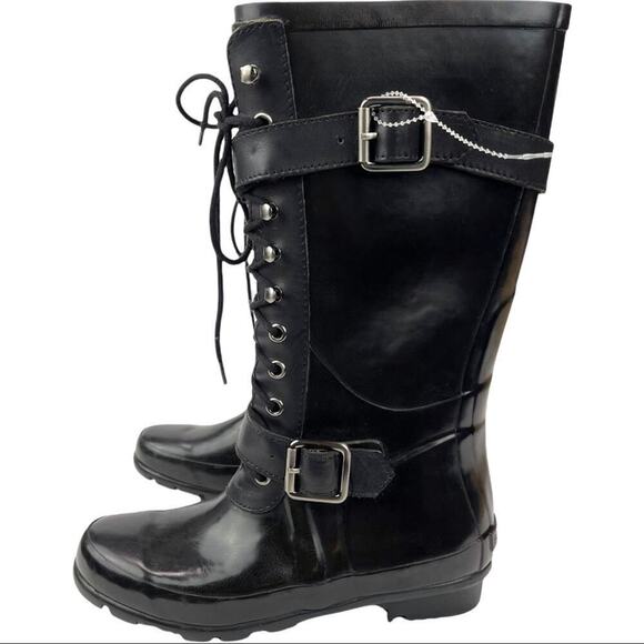 BCBGMAXAZRIA Women's Black Willis Lace Up Rubber Boots Leather Straps Size 6 - Picture 5 of 16
